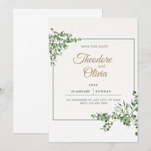 Elegant Greenery Wedding Save the Date Kaart (Voorkant / Achterkant)