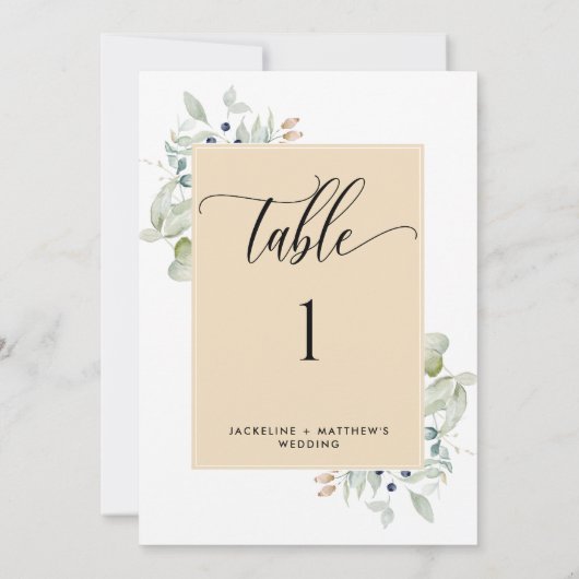 Elegant Greenery Wedding Table Number, beige Tan (Achterkant)