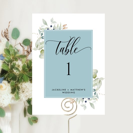 Elegant Greenery Wedding Table Number, Mist Blue