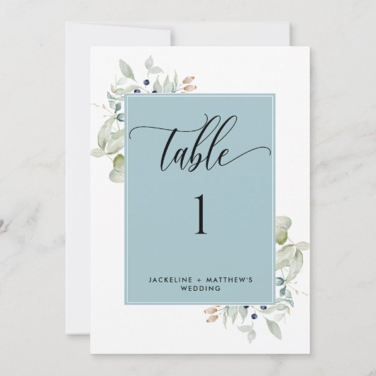 Elegant Greenery Wedding Table Number, Mist Blue (Achterkant)