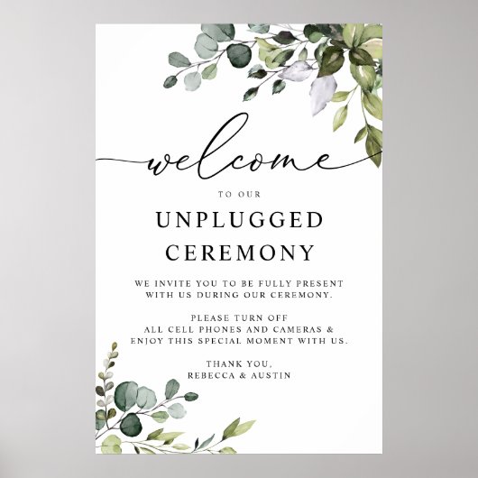Elegant Greenery Wedding Unplugged Ceremony Poster (Voorkant)