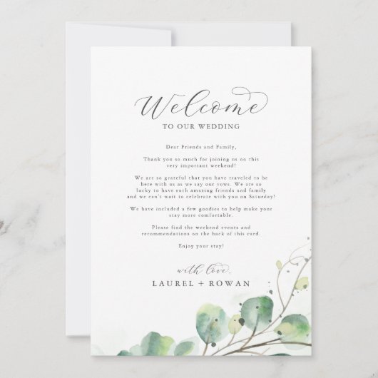 Elegant Greenery Wedding Welcome Letter Itinerary (Voorkant)
