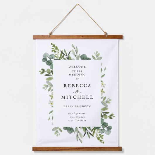 Elegant Greenery Wedding Welcome Sign Hangend Wandkleed (Voorkant)