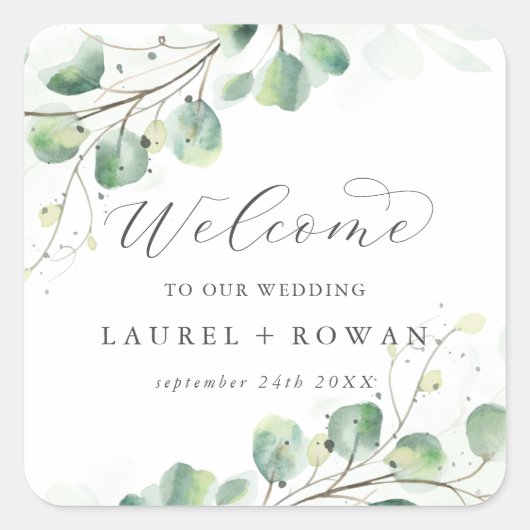 Elegant Greenery Wedding Welcome Square Sticker (Voorkant)