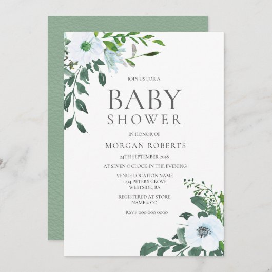 Elegant Greenery White Floral Baby shower Invite Kaart (Voorkant / Achterkant)