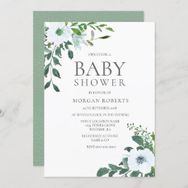 Elegant Greenery White Floral Baby shower Invite Kaart