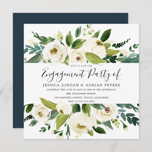 Elegant Greenery White Floral Engagement Party Kaart (Voorkant / Achterkant)