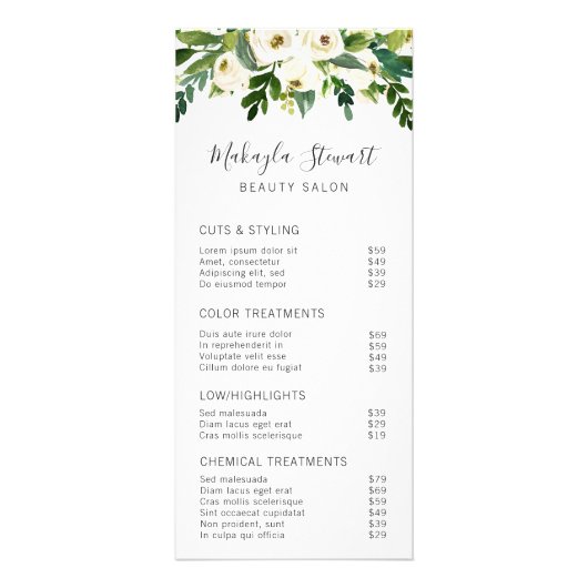 Elegant Greenery White Floral Salon Price List Reclamekaart (Voorkant)