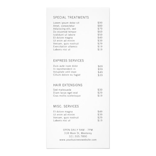 Elegant Greenery White Floral Salon Price List Reclamekaart (Achterkant)