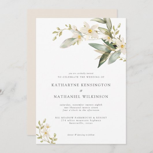 Elegant Greenery White Floral Wedding Kaart (Voorkant / Achterkant)