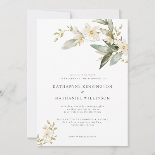 Elegant Greenery White Floral Wedding Kaart (Voorkant)