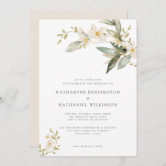 Elegant Greenery White Floral Wedding Kaart (Voorkant / Achterkant)