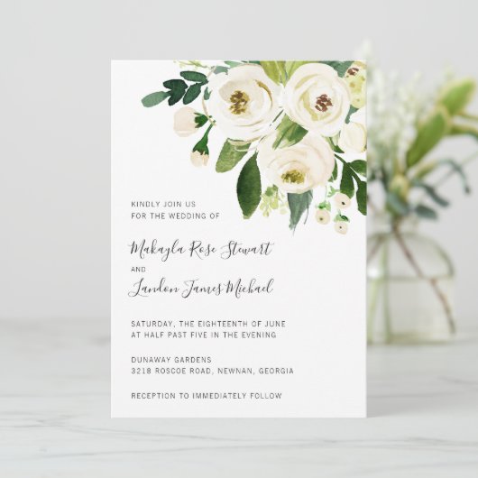 Elegant Greenery White Floral Wedding Kaart (Staand voorkant)