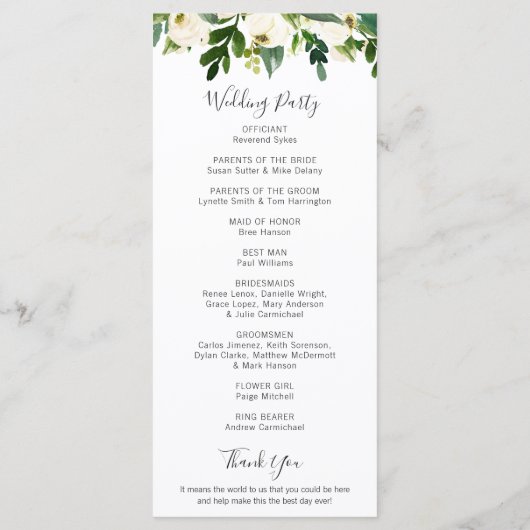 Elegant Greenery White Floral Wedding Programmakaart (Achterkant)