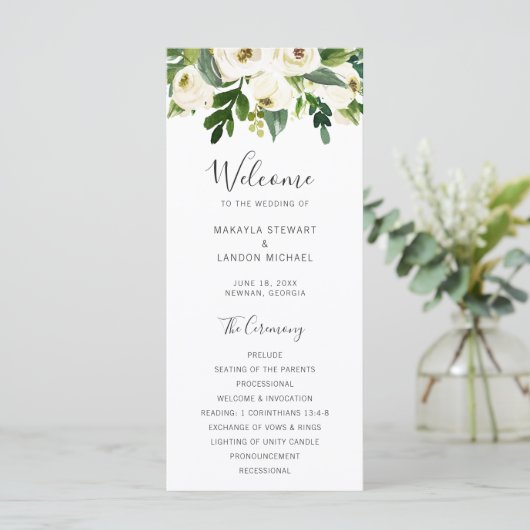 Elegant Greenery White Floral Wedding Programmakaart (Staand voorkant)