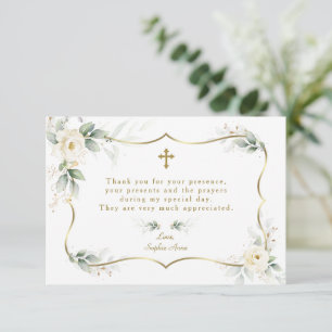 Elegant Greenery White Flowers Gold Cross Baptisme Bedankkaart