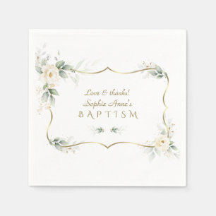 Elegant Greenery White Flowers Gold Cross Baptisme Servet