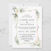 Elegant Greenery White Flowers Gold Wedding Kaart (Voorkant)