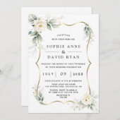 Elegant Greenery White Flowers Gold Wedding Kaart (Voorkant / Achterkant)