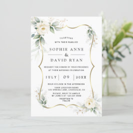 Elegant Greenery White Flowers Gold Wedding Kaart
