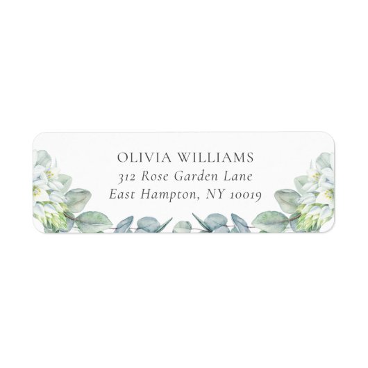 Elegant Greenery White Flowers Return Address Etiket (Voorkant)