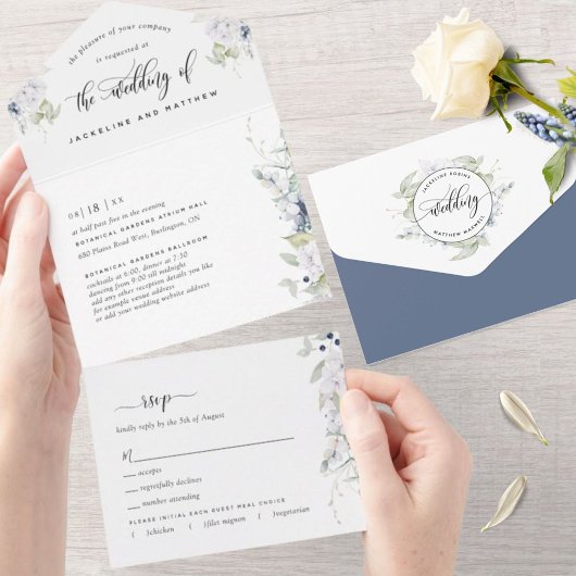 Elegant Greenery, White Navy Blue Floral Wedding All In One Uitnodiging