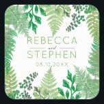 Elegant Greenery | Wild Ferns Wedding Vierkante Sticker<br><div class="desc">Maak een reis naar het diepste bergregenwoud en zie de groenste schoonheid die wilde bosvarens zijn met dit elegante ontwerp van de sticker van de huwelijkszeehond gemaakt in gradiënttonen van groen. Gewoon personaliseren met de namen van bruid en bruidegom en trouwdatum en toevoegen aan winkelwagen. Zorg ervoor dat u de...</div>