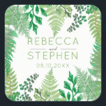 Elegant Greenery | Wild Ferns Wedding Vierkante Sticker<br><div class="desc">Maak een reis naar het diepste bergregenwoud en zie de groenste schoonheid die wilde bosvarens zijn met dit elegante ontwerp van de sticker van de huwelijkszeehond gemaakt in gradiënttonen van groen. Gewoon personaliseren met de namen van bruid en bruidegom en trouwdatum en toevoegen aan winkelwagen. Zorg ervoor dat u de...</div>