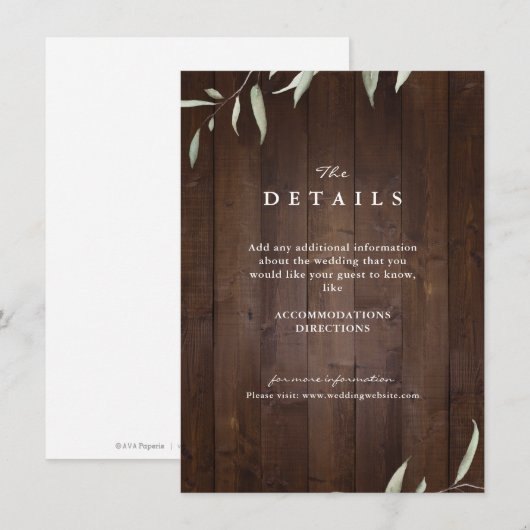 Elegant greenery wood county rustic bruiloft detai informatiekaartje (Voorkant / Achterkant)