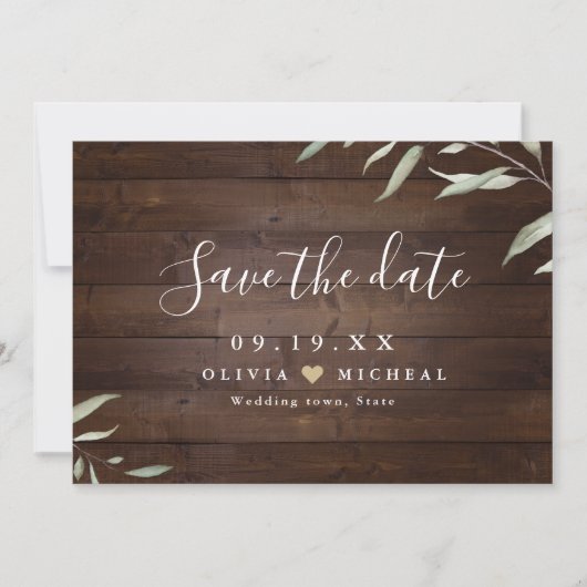 Elegant greenery wood county rustic save the date (Voorkant)