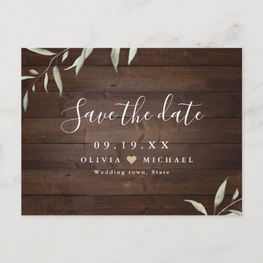 Elegant greenery wood county rustic save the date briefkaart (Voorkant)