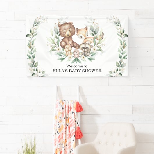 Elegant Greenery Woodland Animals Baby Welkom Spandoek (Insitu)