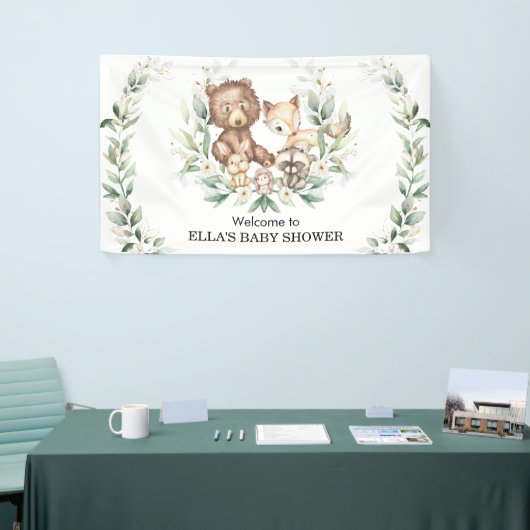 Elegant Greenery Woodland Animals Baby Welkom Spandoek (Beurs)