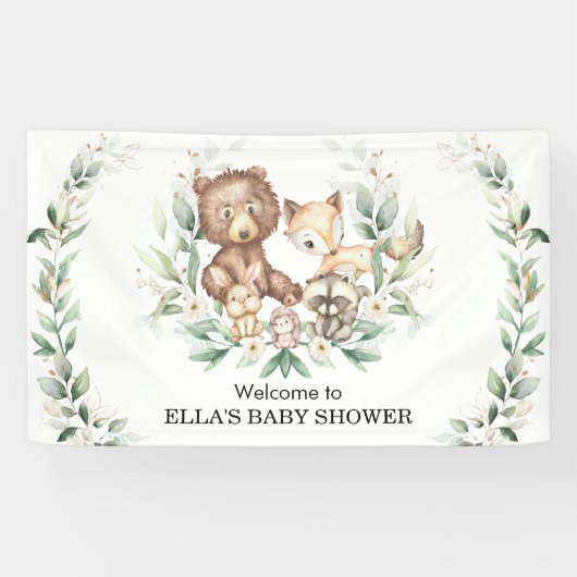 Elegant Greenery Woodland Animals Baby Welkom Spandoek (Horizontaal)