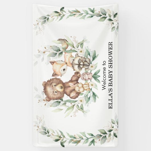 Elegant Greenery Woodland Animals Baby Welkom Spandoek (Verticaal)