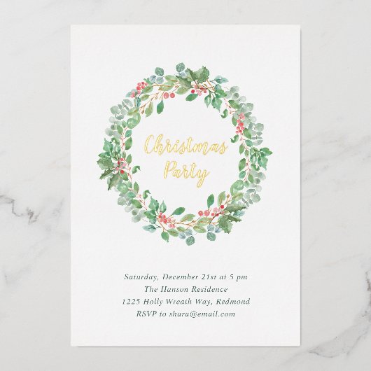 Elegant Greenery Wreath Rustic Kerstparty Folie Uitnodiging (Voorkant)