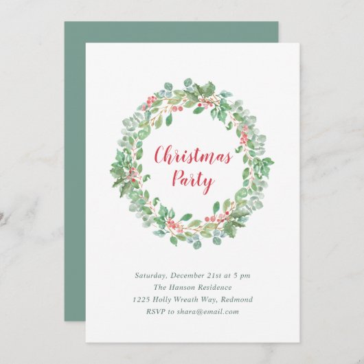 Elegant Greenery Wreath Rustic Kerstparty Kaart (Voorkant / Achterkant)