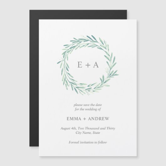 Elegant Greenery Wreath Save the Date Magnetische Uitnodiging (Voorkant / Achterkant)