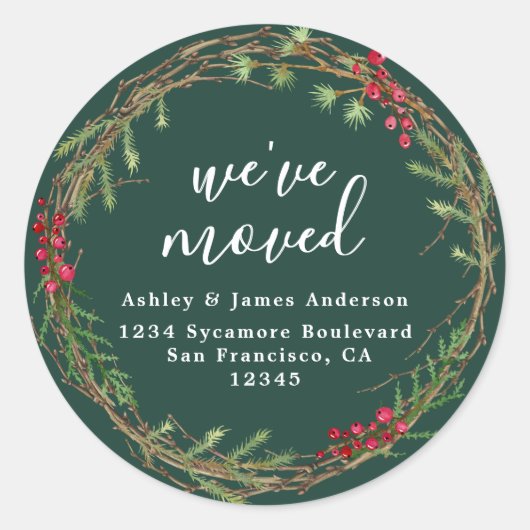 Elegant Greenery Wreath We’ve Moved Address Ronde Sticker (Voorkant)