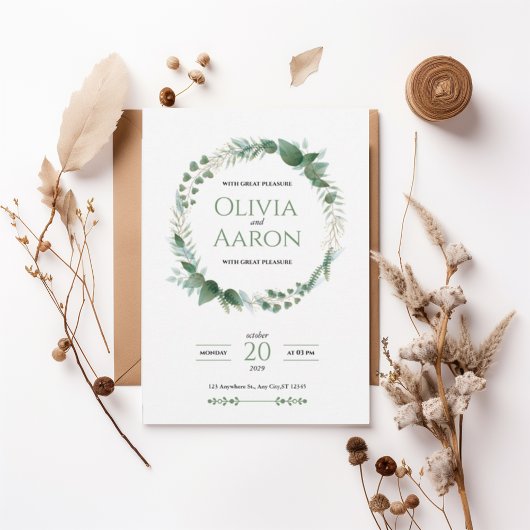 Elegant Greenery Wreath Wedding Invitation Kaart