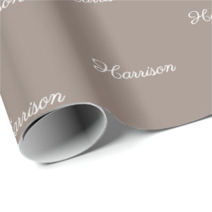 Elegant greige beige script aangepaste naam verjaa cadeaupapier
