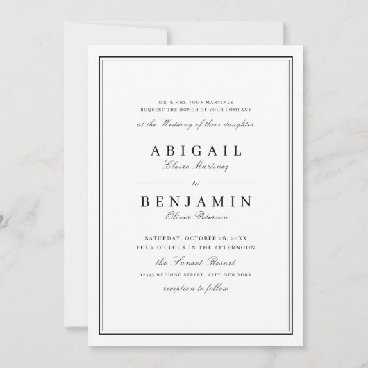 Elegant grenst zwart-wit-minimalistische bruiloft kaart (Voorkant)