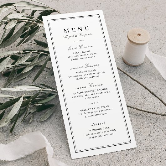 Elegant grenst zwart-wit minimalistische bruiloft menu