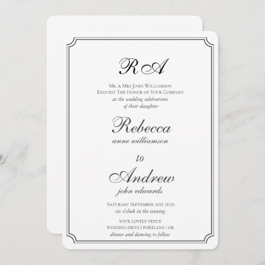 Elegant grenst zwart-wit monogram invitati kaart (Voorkant / Achterkant)