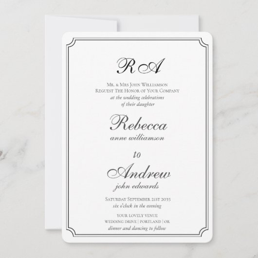 Elegant grenst zwart-wit monogram invitati kaart (Voorkant)