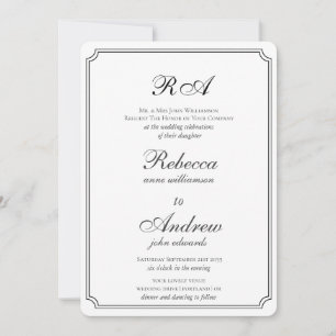 Elegant grenst zwart-wit monogram invitati kaart