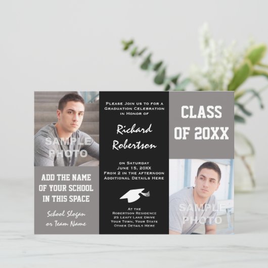 Elegant Grey and Black Young Man Afstuderen Kaart (Staand voorkant)