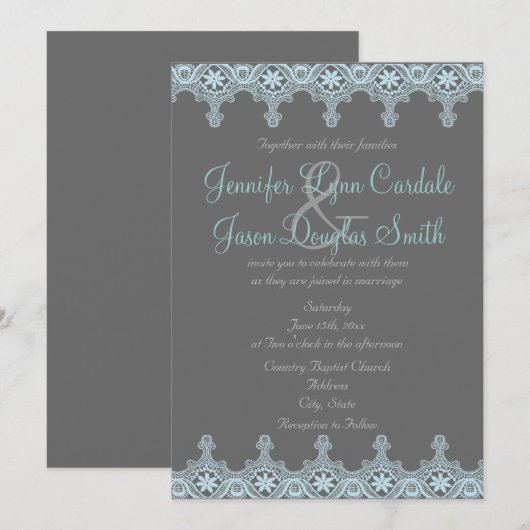 Elegant Grey and Blue Lace Wedding Invitations Kaart (Voorkant / Achterkant)