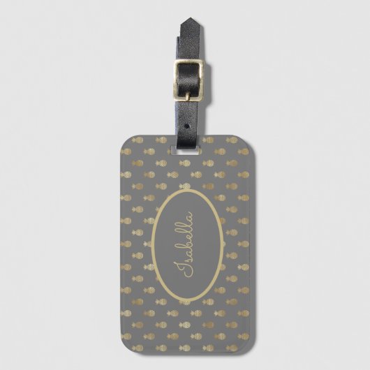Elegant Grey and Gold Pineapple Personalized Bagagelabel (Voorkant (verticaal))