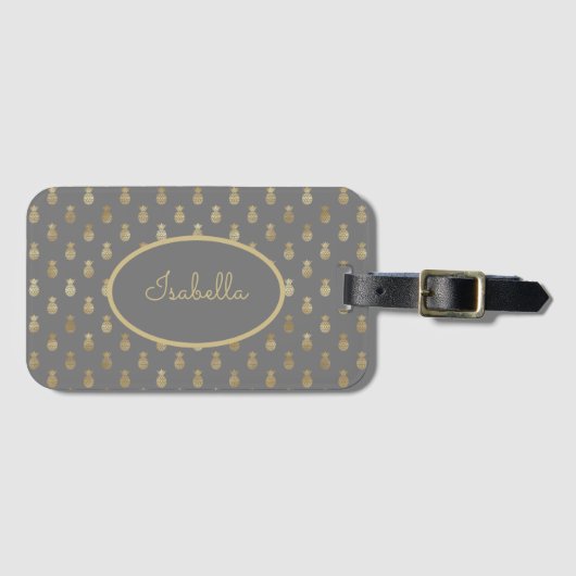 Elegant Grey and Gold Pineapple Personalized Bagagelabel (Voorkant (horizontaal))